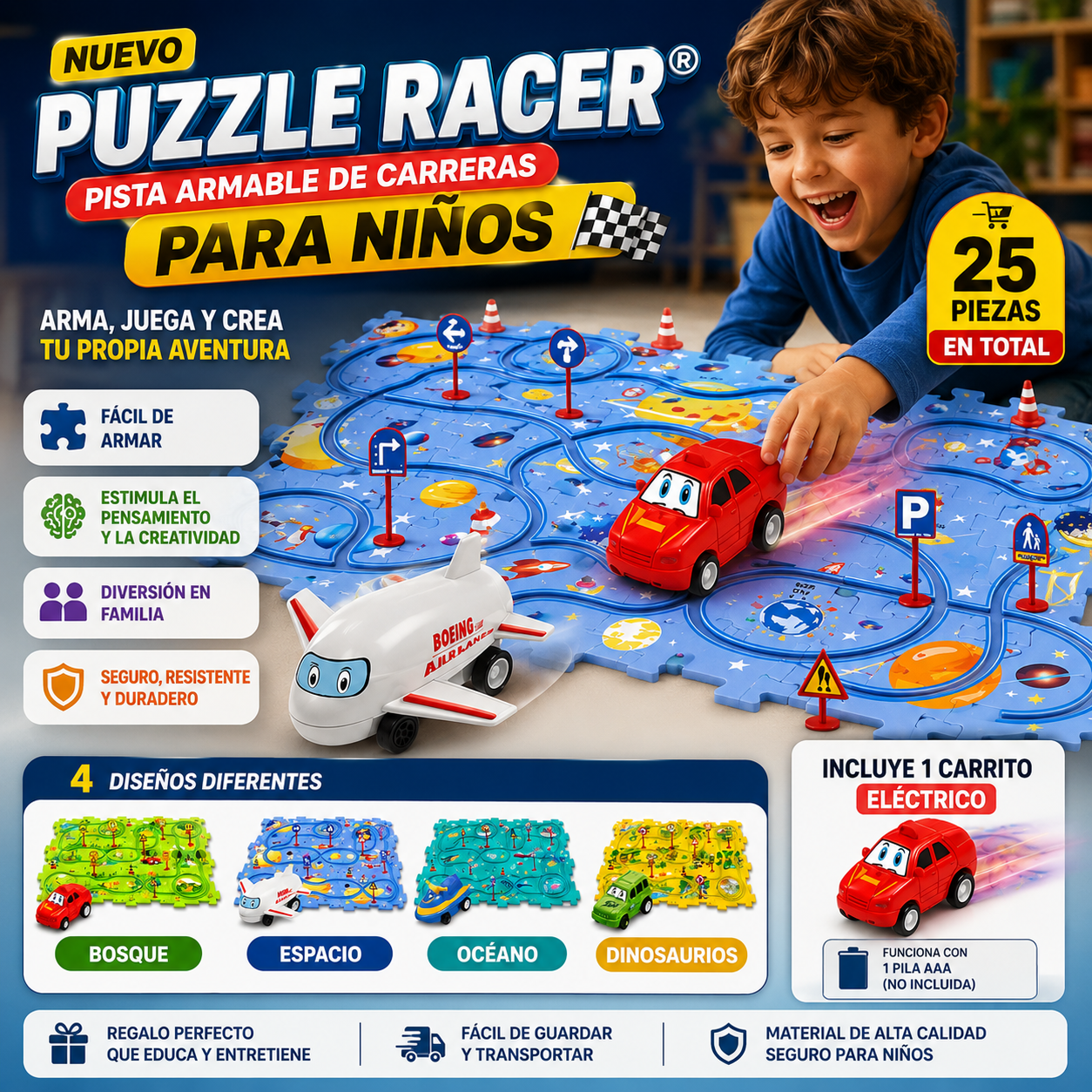 PUZZLE RACER®  Pista 25 piezas armables + carro eléctrico